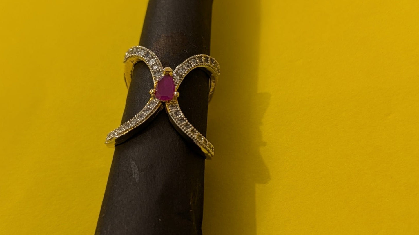 Gold Plated Pink And White Diamond Studded Ring