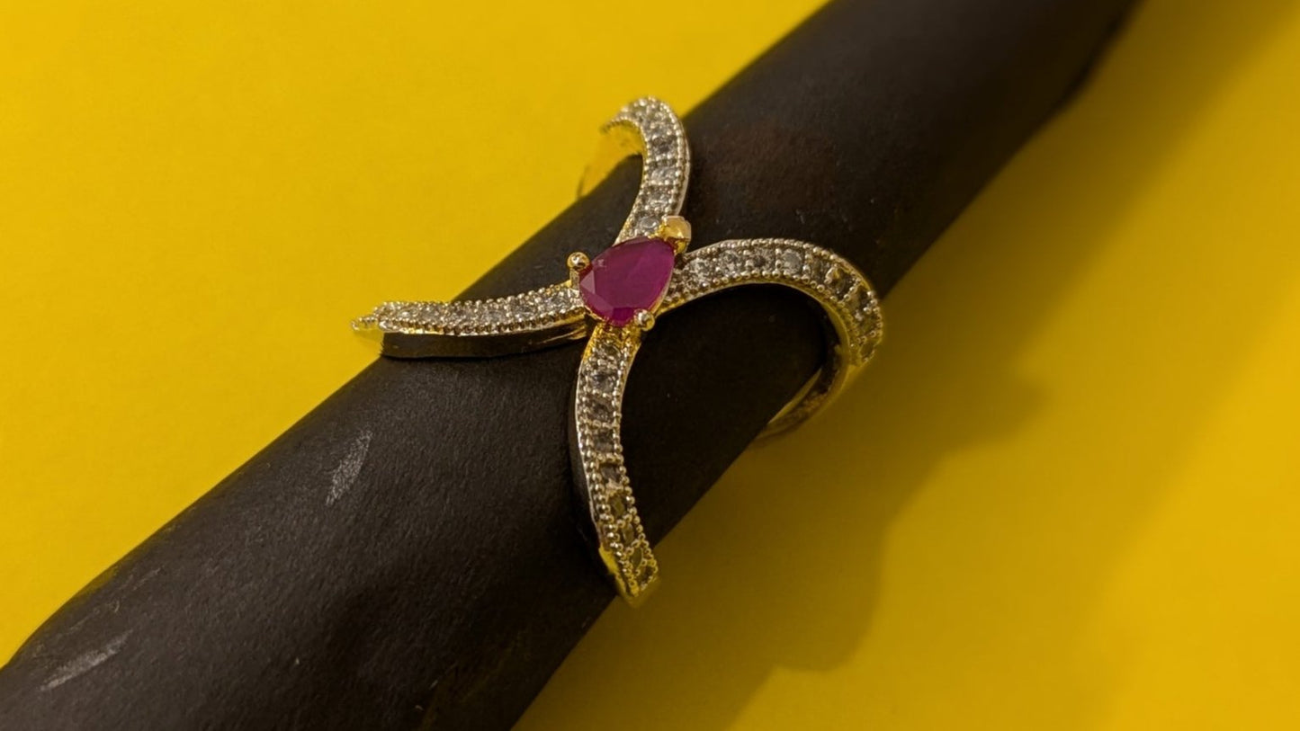 Gold Plated Pink And White Diamond Studded Ring