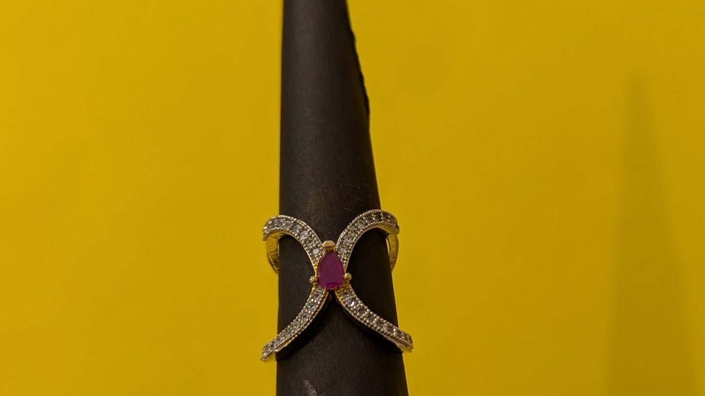 Gold Plated Pink And White Diamond Studded Ring