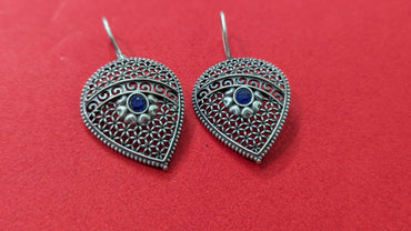 Silver Oxidized Blue Stone Leaf Shape Fish Hook Earring