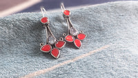 Red Stone Silver Oxidized Long Fish Hook Earring