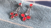 Red Stone Silver Oxidized Long Fish Hook Earring