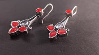 Red Stone Silver Oxidized Long Fish Hook Earring