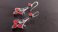 Red Stone Silver Oxidized Long Fish Hook Earring