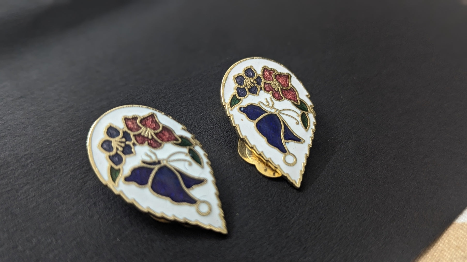 Vintage Clip-On Enamel Butterfly and Lotus Korean Earring