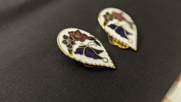 Vintage Clip-On Enamel Butterfly and Lotus Korean Earring