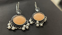 Silver Oxidized Peach Stone Fish Hook Pearl Drop Earring