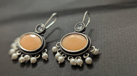 Silver Oxidized Peach Stone Fish Hook Pearl Drop Earring