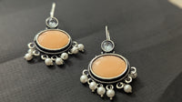 Silver Oxidized Peach Stone Fish Hook Pearl Drop Earring