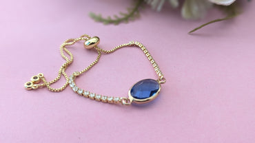 Oval Blue Crystal Stone Gold Chain Bracelet With CZ Diamonds