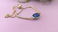 Oval Blue Crystal Stone Gold Chain Bracelet With CZ Diamonds