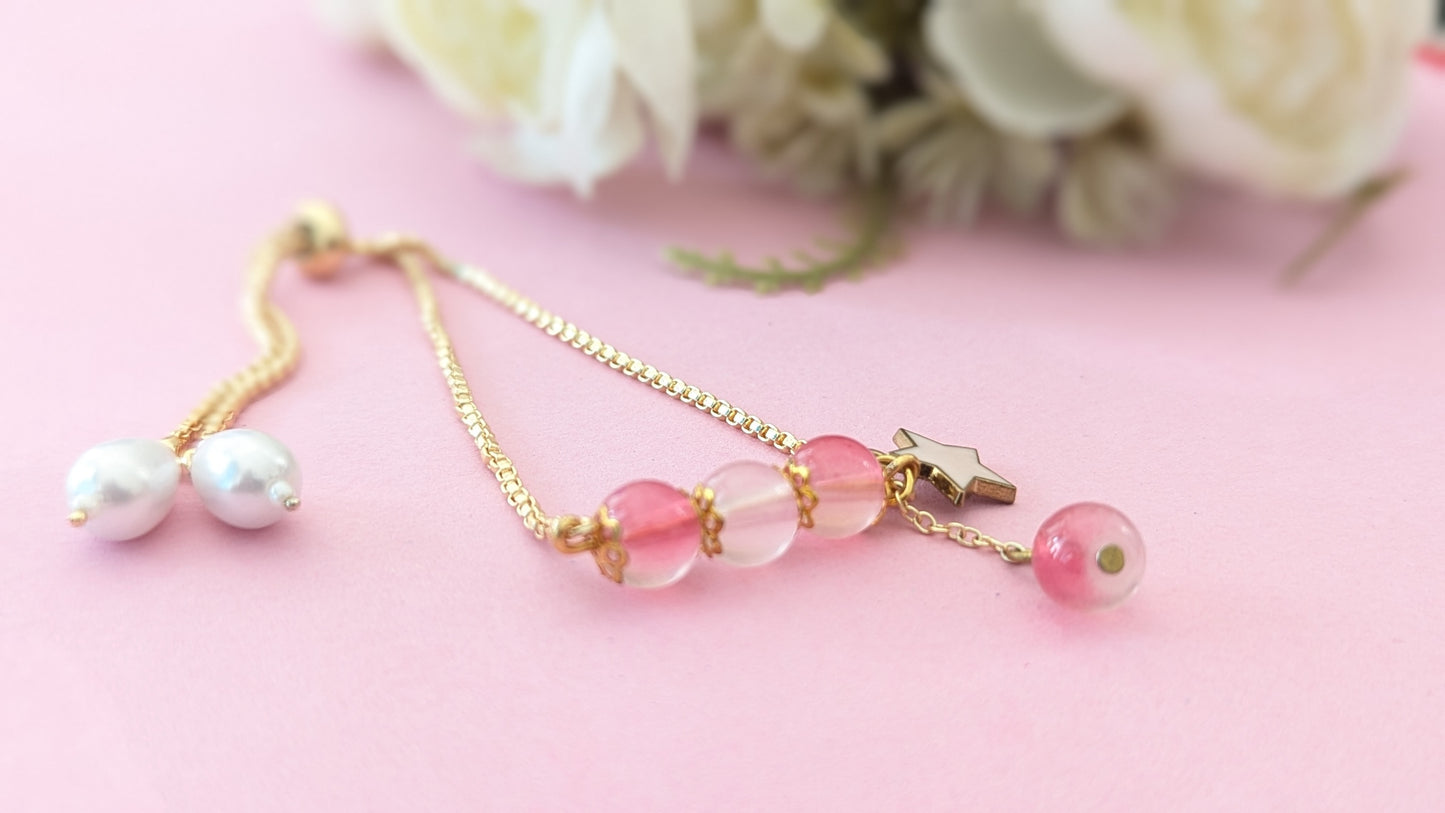 Pink Glass Beads Anti Tarnish Chain Bracelet