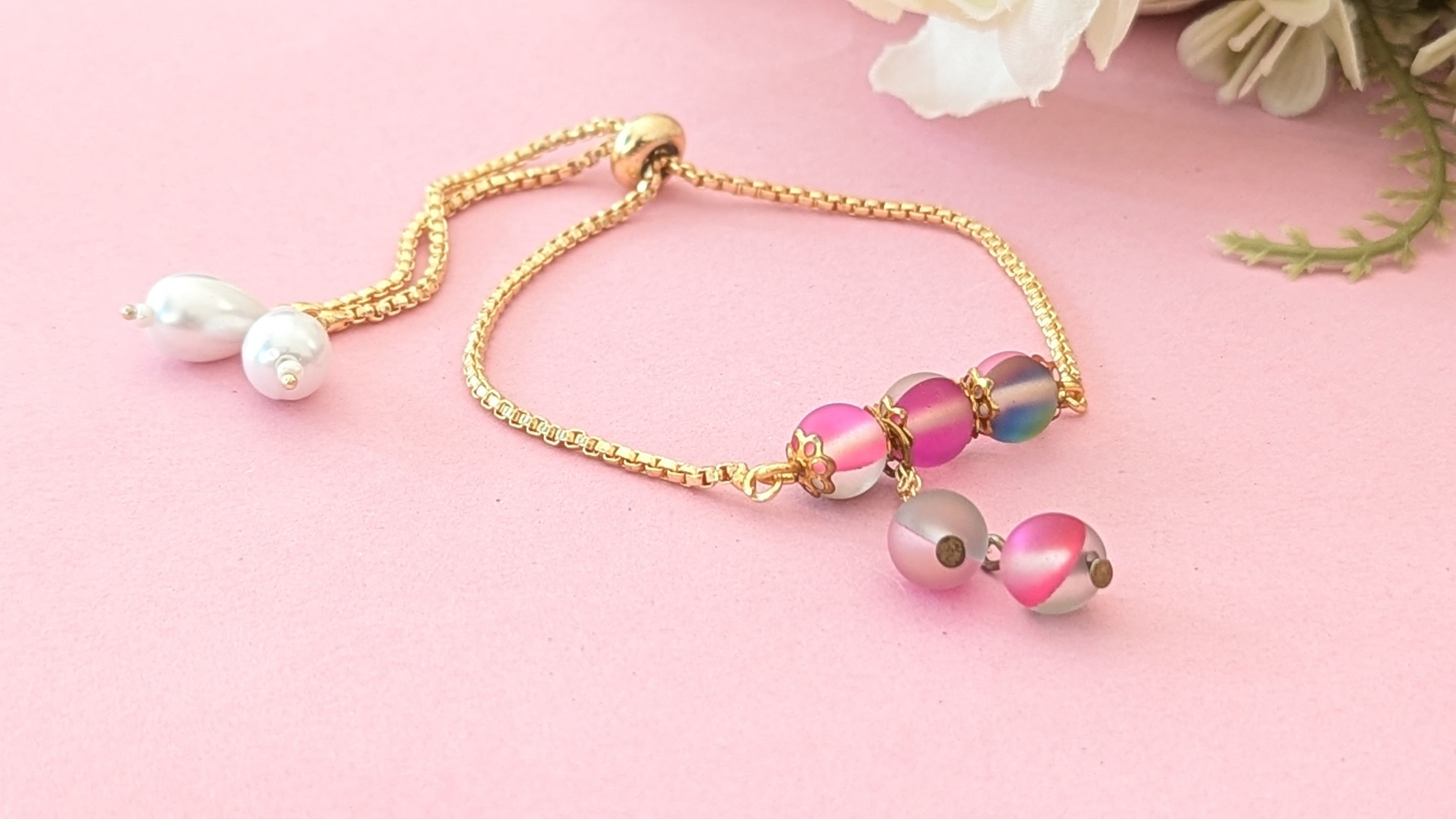 Pink Glass Beads Anti Tarnish Gold Plated Chain Bracelet