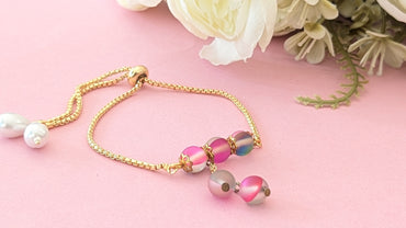 Pink Glass Beads Anti Tarnish Gold Plated Chain Bracelet