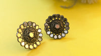 Mirror Work Flower Shape Silver Oxidized Stud Earring