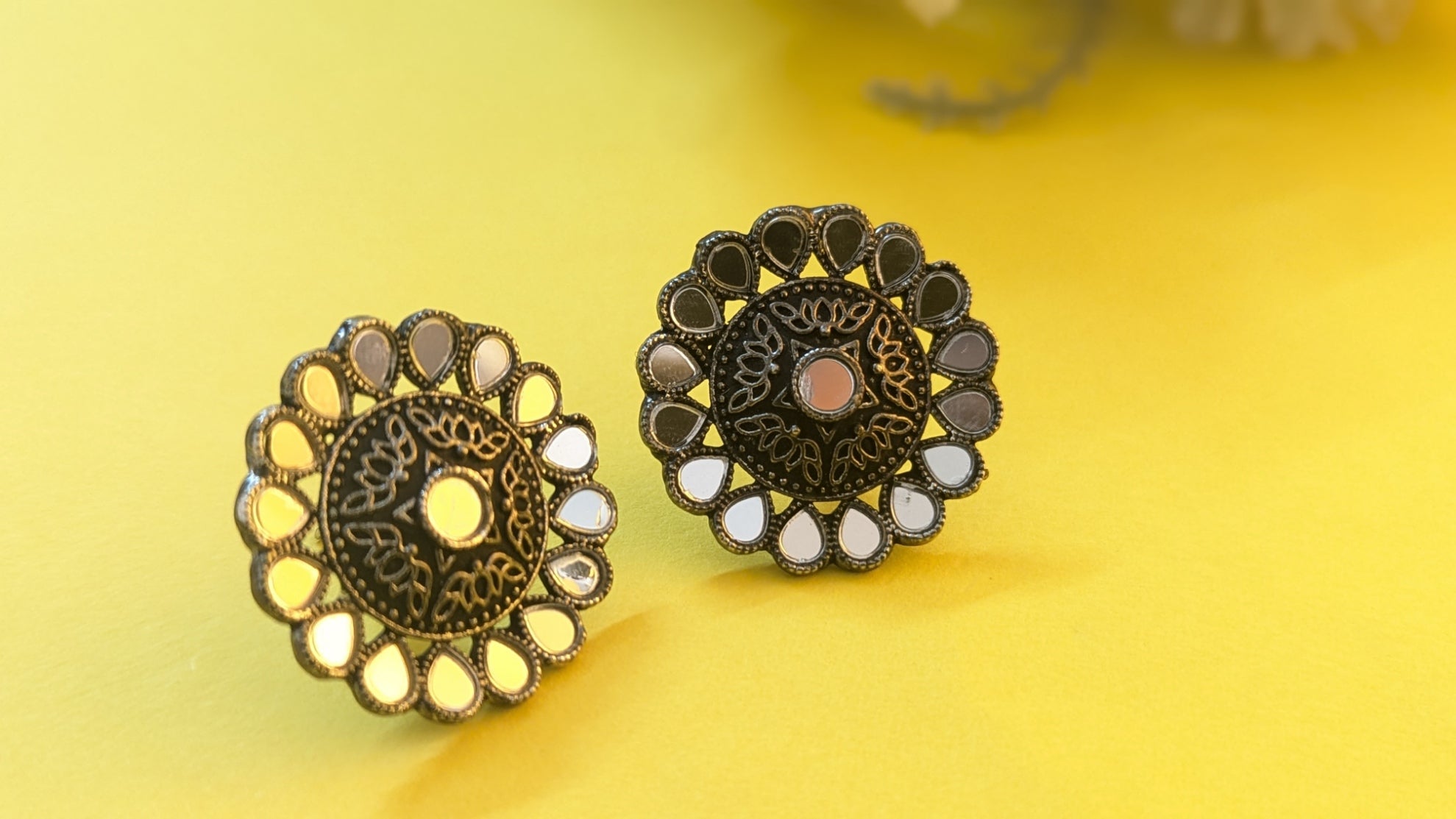 Mirror Work Flower Shape Silver Oxidized Stud Earring