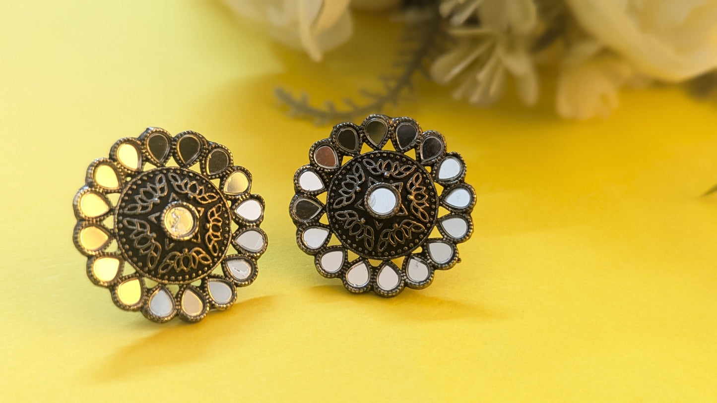 Mirror Work Flower Shape Silver Oxidized Stud Earring