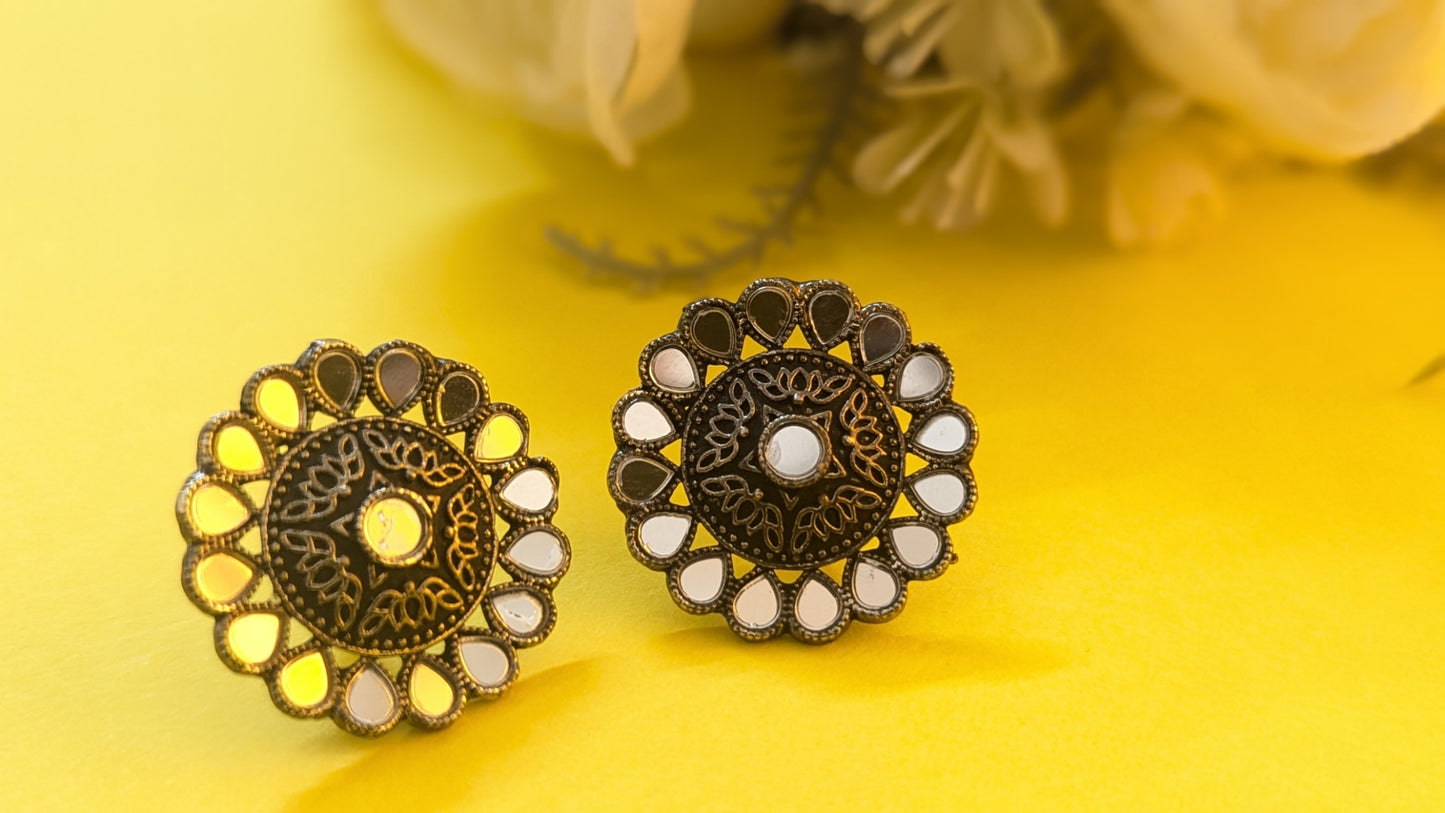 Mirror Work Flower Shape Silver Oxidized Stud Earring