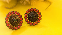 Red Kundan Stone Studded Flower Shape Silver Oxidized Stud Earring