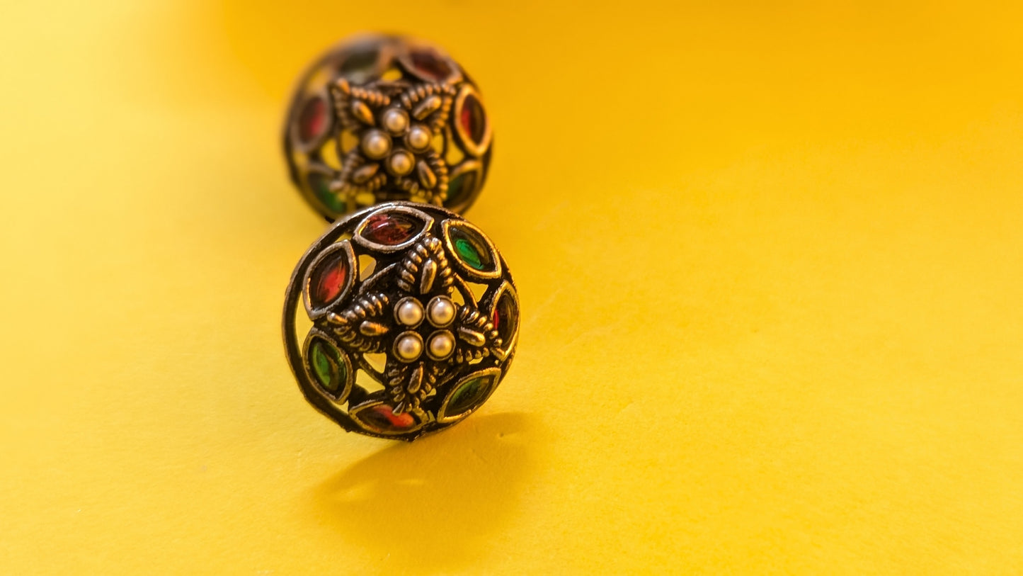 Multicolor Kundan Stone Studded Silver Oxidized Stud Earring