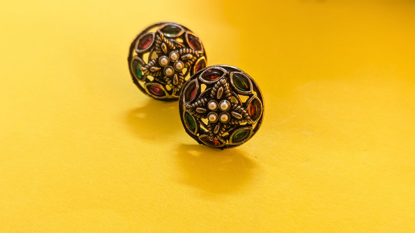 Multicolor Kundan Stone Studded Silver Oxidized Stud Earring