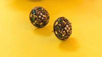 Green Kundan Stone Studded Rounds Silver Oxidized Stud Earring