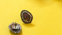 Red Kundan Studded Pear Shape Silver Oxidized Stud Earring