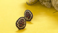 Red Kundan Studded Pear Shape Silver Oxidized Stud Earring