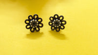 Flower Shape Silver Oxidized Stud Earrings with Pearls & Blue Stone in Center