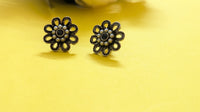 Flower Shape Silver Oxidized Stud Earrings with Pearls & Blue Stone in Center