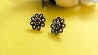 Flower Shape Silver Oxidized Stud Earrings with Pearls & Blue Stone in Center