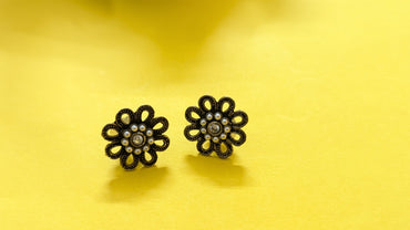 Flower Shape Silver Oxidized Stud Earring With Pearls & White Stone In Center