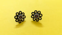 Flower Shape Silver Oxidized Stud Earring With Pearls & Red Stone In Center