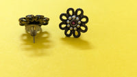 Flower Shape Silver Oxidized Stud Earring With Pearls & Red Stone In Center