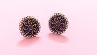 Pearl Studded Round Silver Oxidized Stud Earring With Red Stone In Center