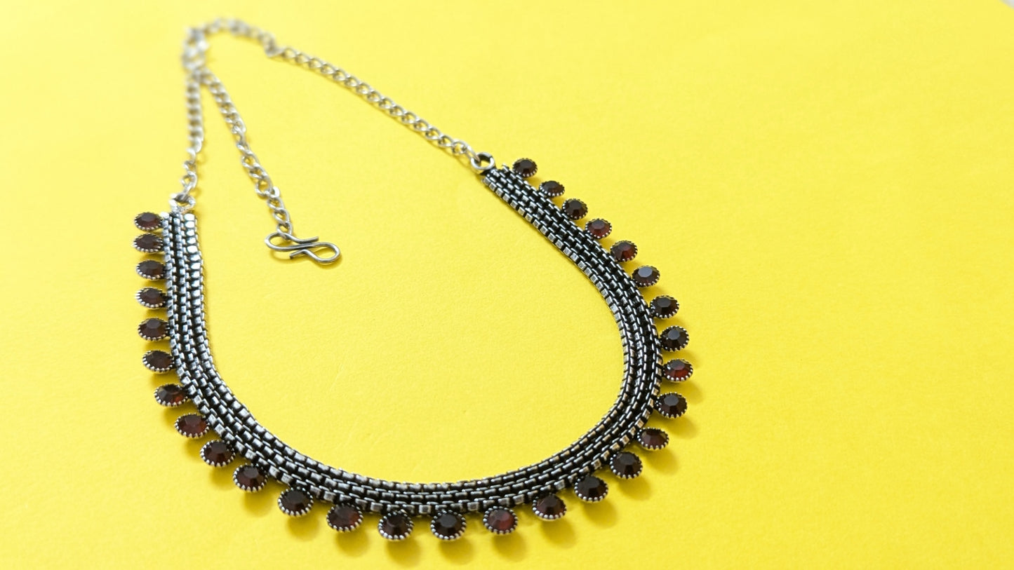 Silver Oxidized Read Stone Jaipuriya Necklace