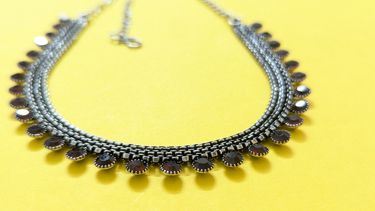 Silver Oxidized Read Stone Jaipuriya Necklace