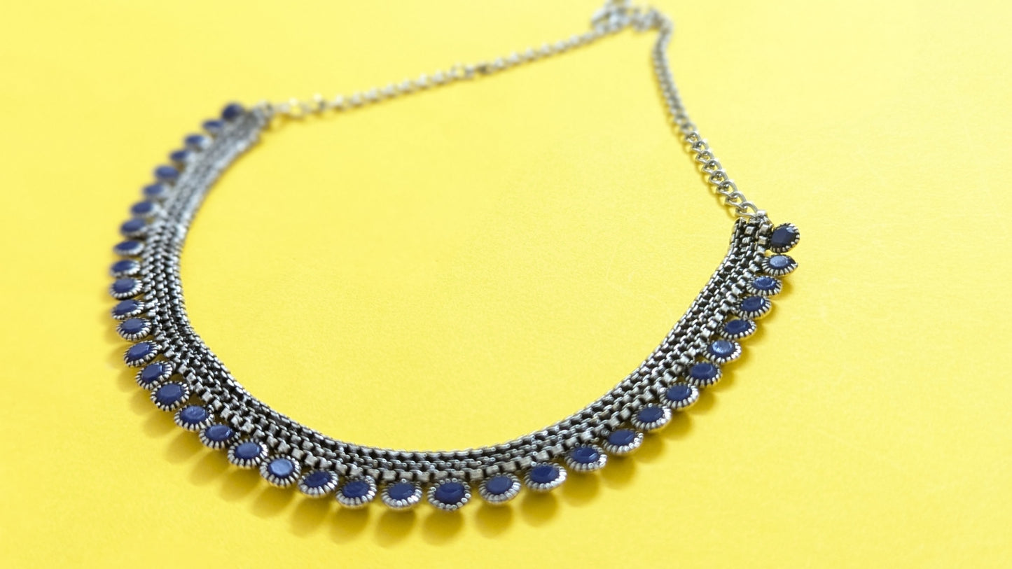 Silver Oxidized Blue Stone Jaipuriya Necklace