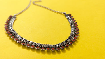 Silver Oxidized Orange Stone Jaipuriya Necklace