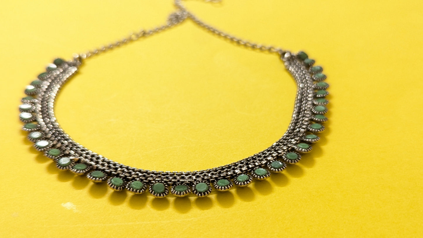 Silver Oxidized Green Stone Jaipuriya Necklace