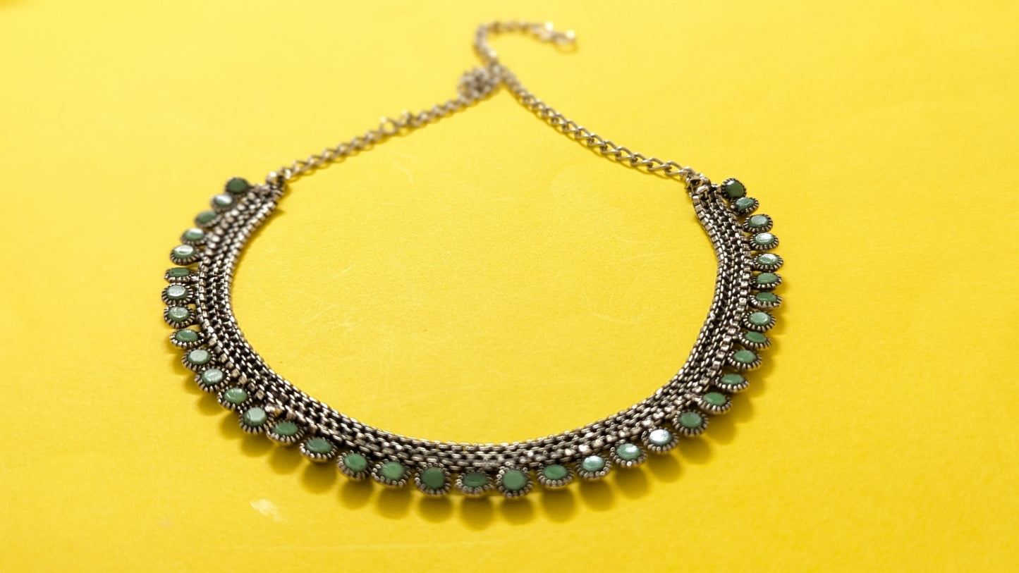 Silver Oxidized Green Stone Jaipuriya Necklace