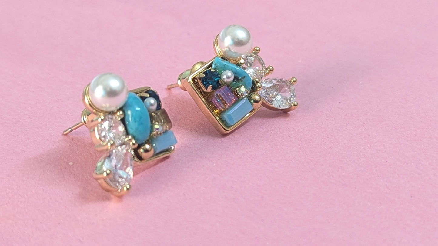 Pearl  & CZ Studded Blue Anti Tarnish Stud Earring