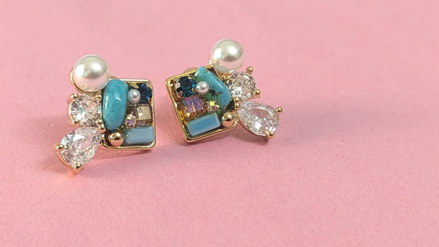 Pearl  & CZ Studded Blue Anti Tarnish Stud Earring