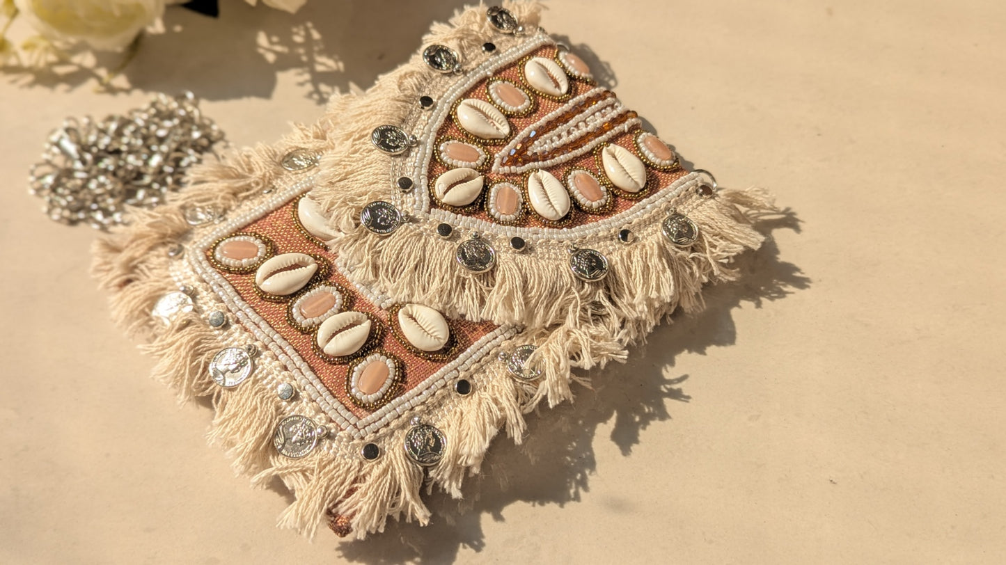 Light Brown Boho Sling Bag With Sea Shells, Stones, Coins & Beads