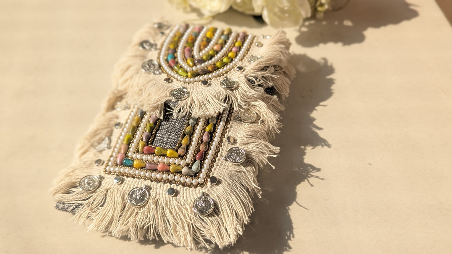 Multicolor Beads, Pearls Studded Boho Sling Bag With Grey Fabric