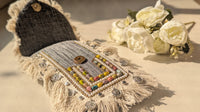 Multicolor Beads, Pearls Studded Boho Sling Bag With Grey Fabric