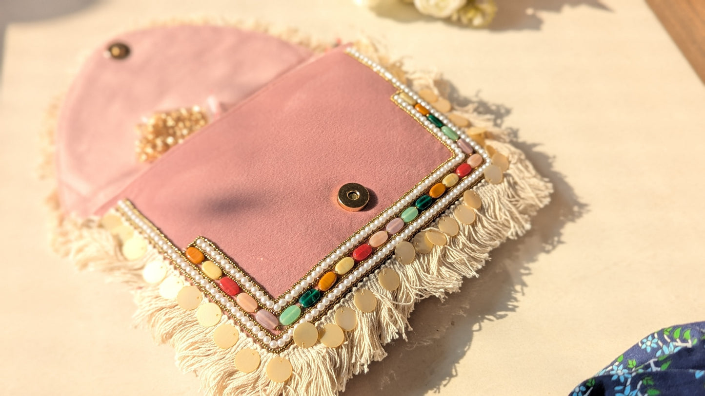 Pink Banjara Envelope Sling Bag | Clutch With Multicolor Beads