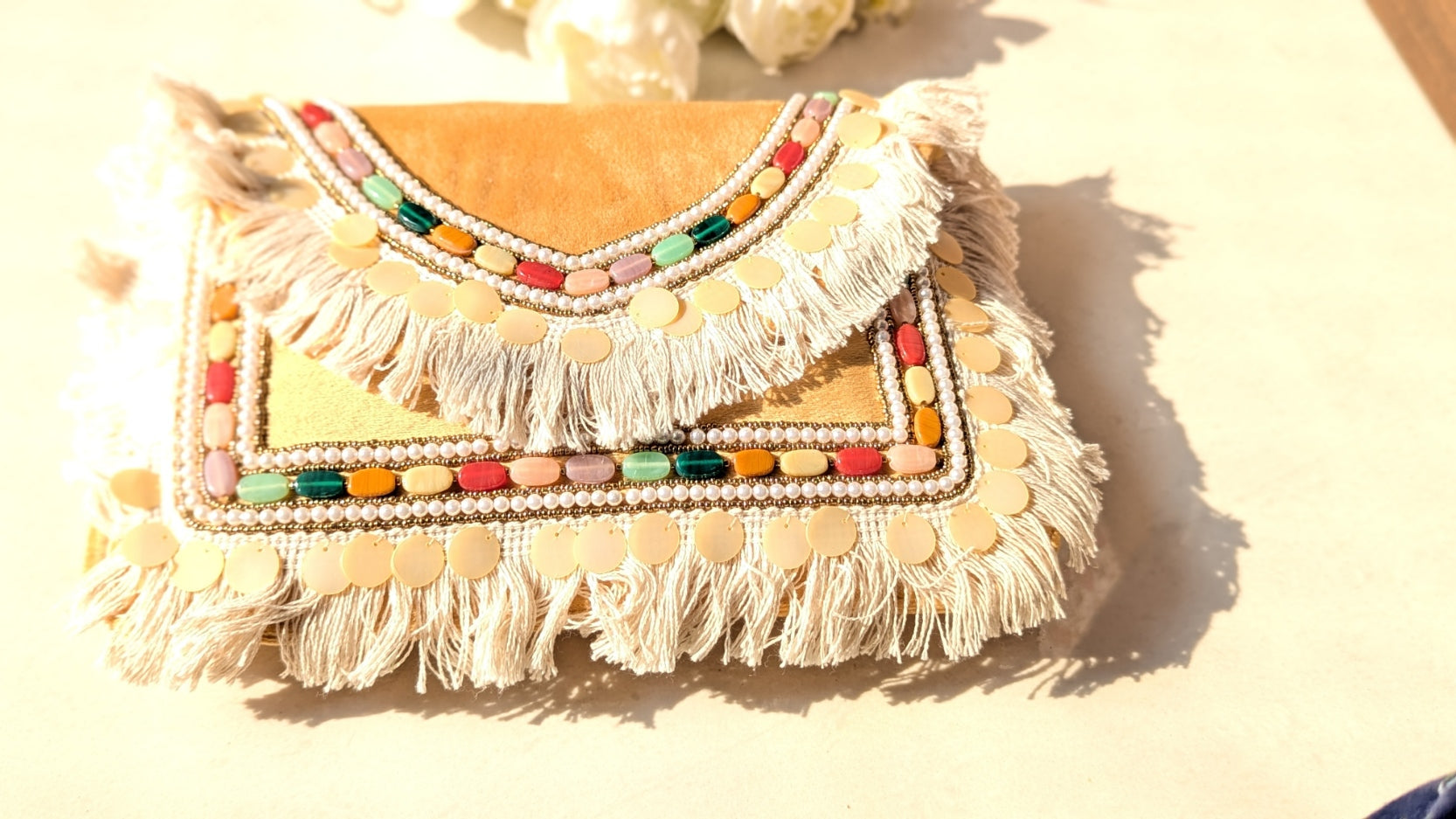 Golden Brown Banjara Envelope Sling Bag | Clutch With Multicolor Beads