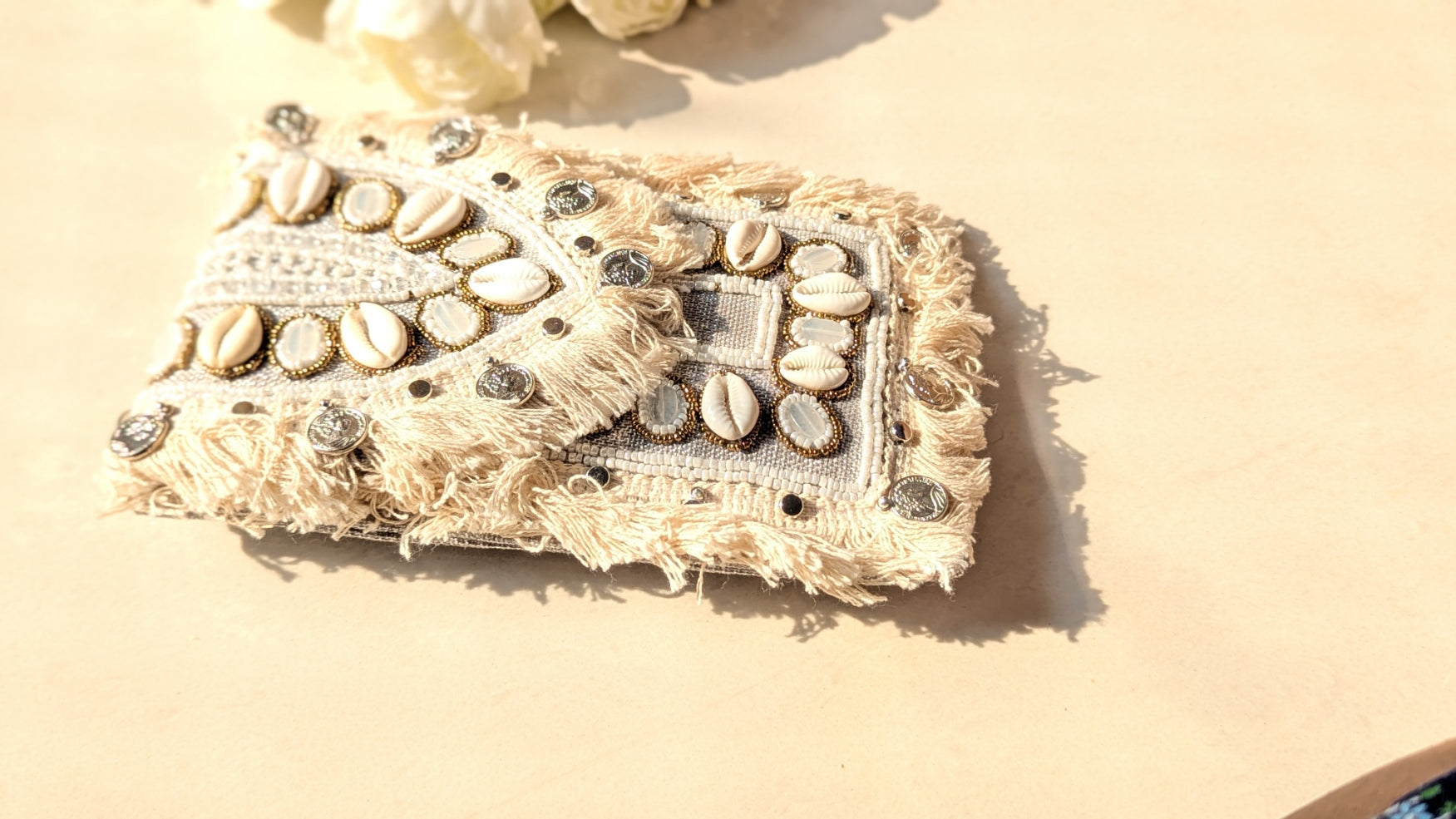 Sea Shells, Stones & Pearls Studded Light Grey Boho Sling Bag