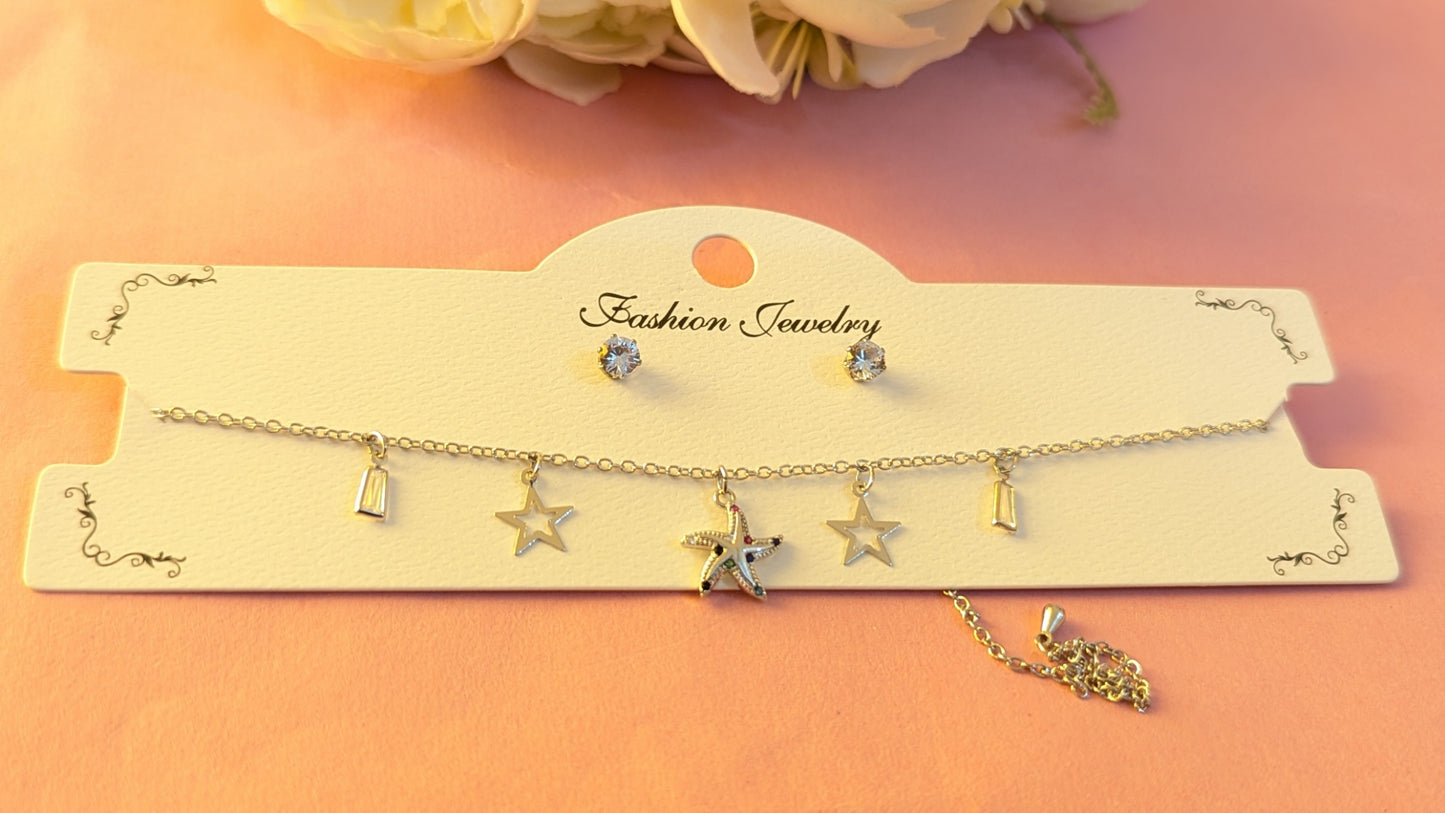 925 Silver Star Studded Necklace With Ad Studs Earrings